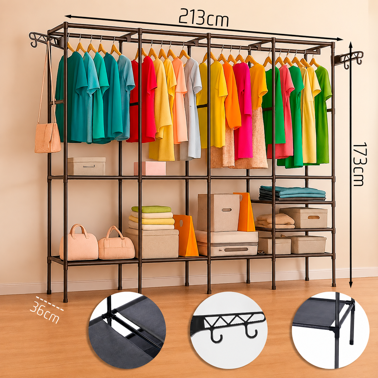 Guarda-Roupa Closet Aberto com Cabideiro e 10 Prateleiras – Estrutura em Aço Preto